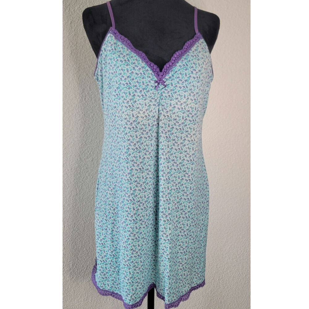 Vintage Y2K Victoria Secret Sky Blue Floral Slip Purple Lace Adjustable Straps L